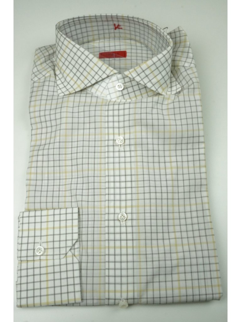 Isaia White Black Lemon Plaid Long Sleeve Cotton Dress Shirt 15.5/39 New
